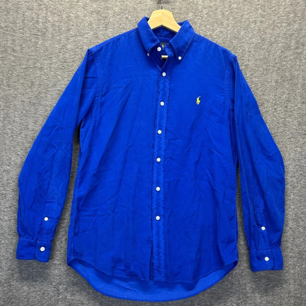 Polo Ralph Lauren Royal Blue Corduroy Button Down Shirt Mens Small Yellow Pony